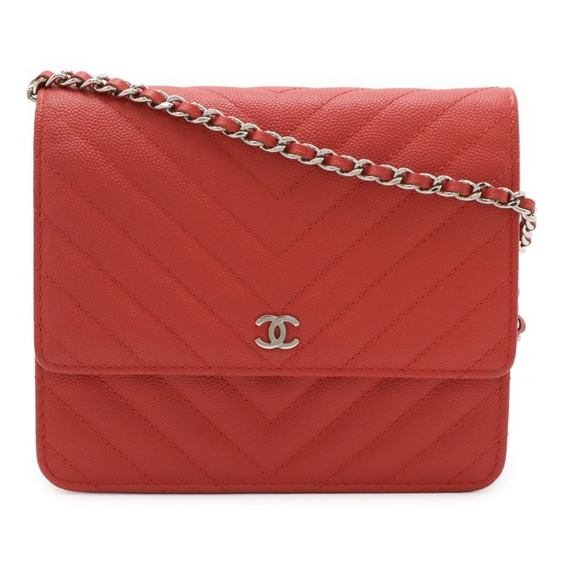 Chanel V-Stitched Chevron Chain Wallet Shoulder Bag Pochette Caviar Leather