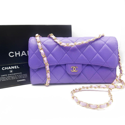 Chanel CC Timeless Caviar Flap Wallet Chain Purse Purple Bag