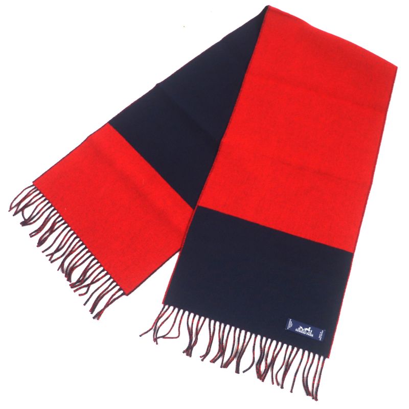 Hermes H258091s 100% Cashmere Marine/rouge Casaque Echarpe Fringe Scarf Made