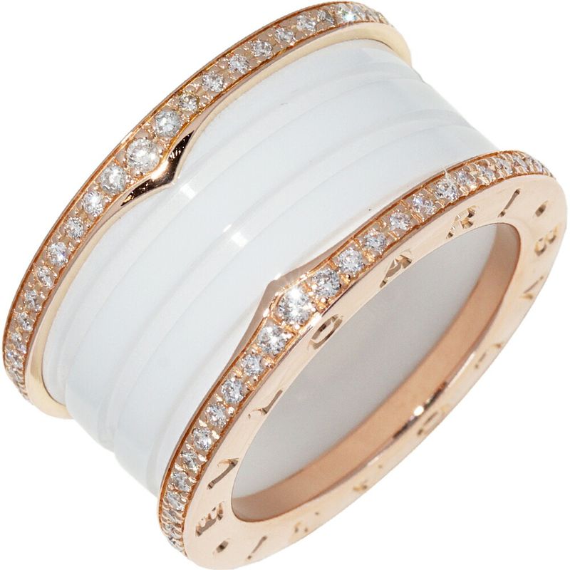 Bulgari Ring 18K Pink Gold White Ceramic Full Edge Pave Diamond Bzero1 Ring