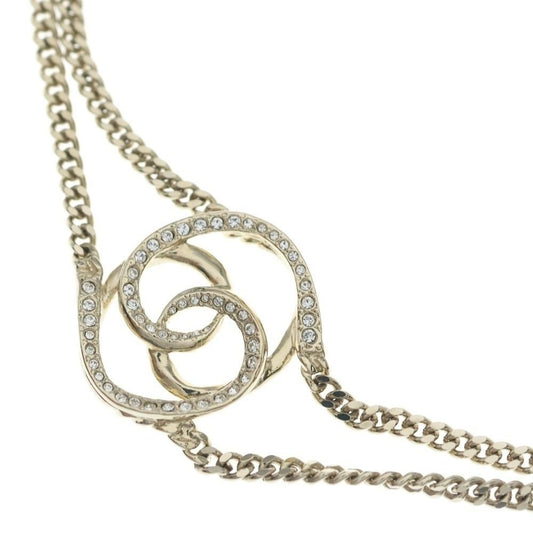 Chanel CC Logo Line Stone Double Chain Choker Necklace Pendant Gold