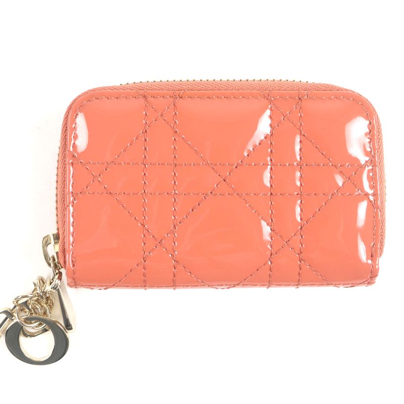Christian DIOR Lady DIOR Voyage Cannage Patent Leather Zip Coin Case Small Pink