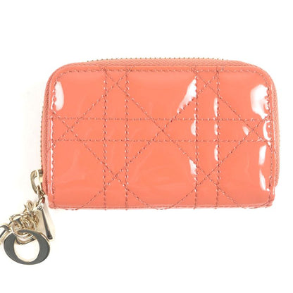 Christian DIOR Lady DIOR Voyage Cannage Patent Leather Zip Coin Case Small Pink