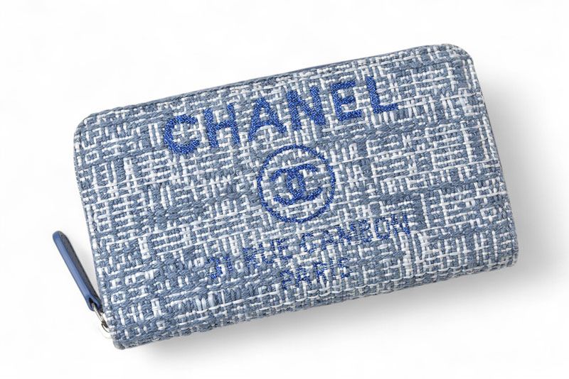 Chanel Wallet Fold Chanel Wallet A81973 Coco Mark Deauville Blue Tweed