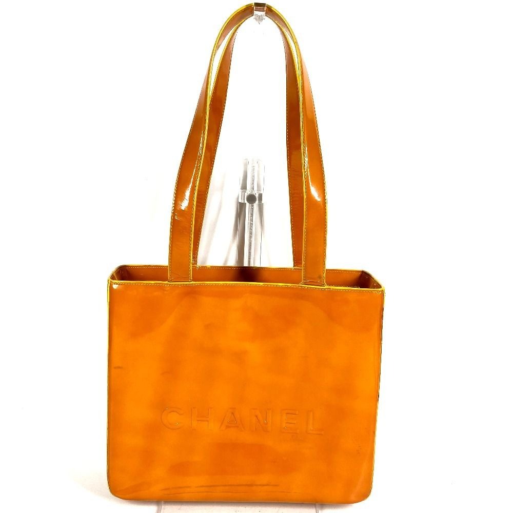 Chanel Shoulder Bag Logo Patent Leather Orange