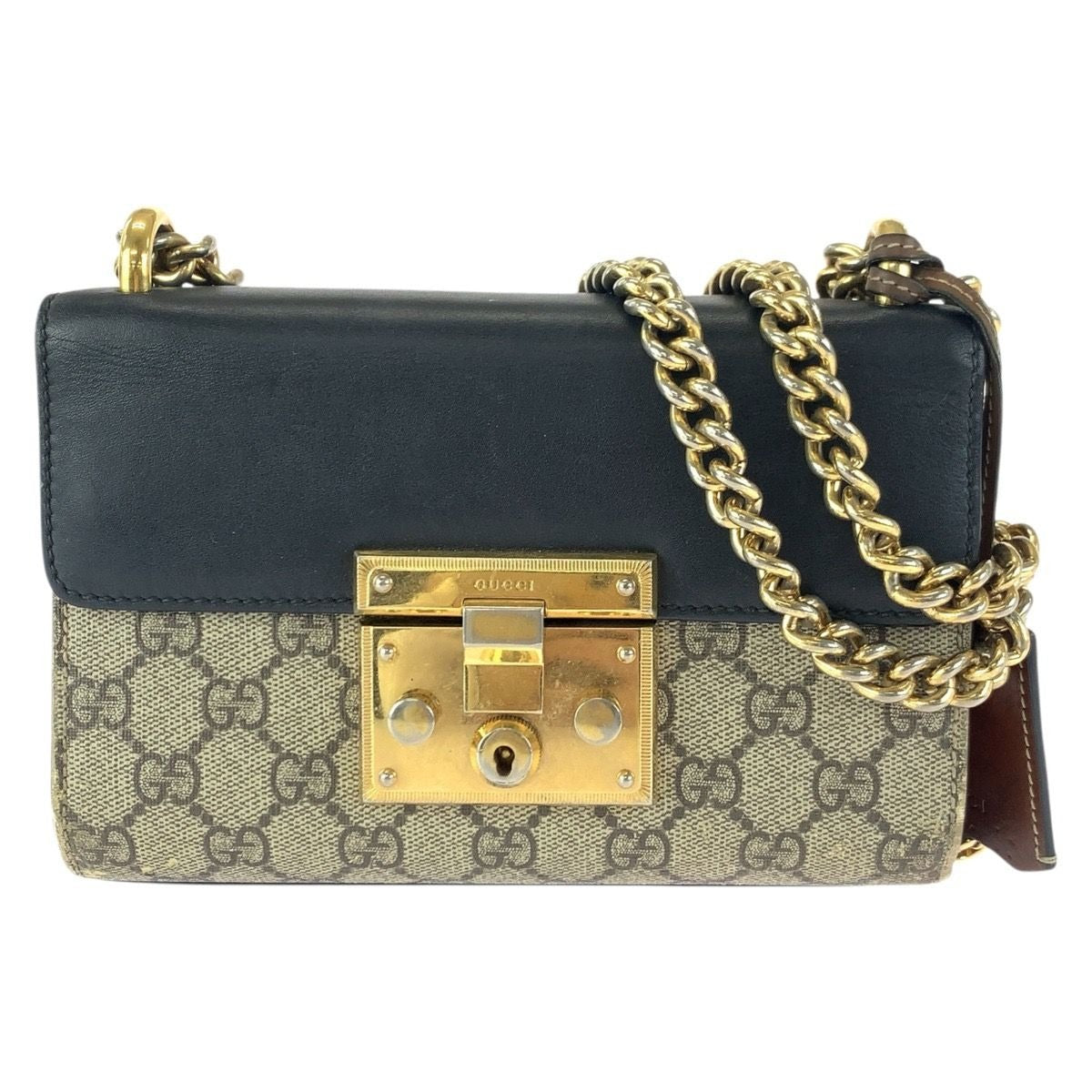Gucci Padlock Beige Black Gold GG Supreme Canvas Leather Chain Shoulder Bag