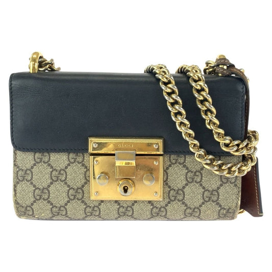 Gucci Padlock Beige Black Gold GG Supreme Canvas Leather Chain Shoulder Bag