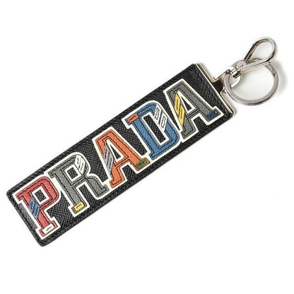 Prada Key Ring Holder Bag Charm Logo Patchwork Caracter Nero M Never