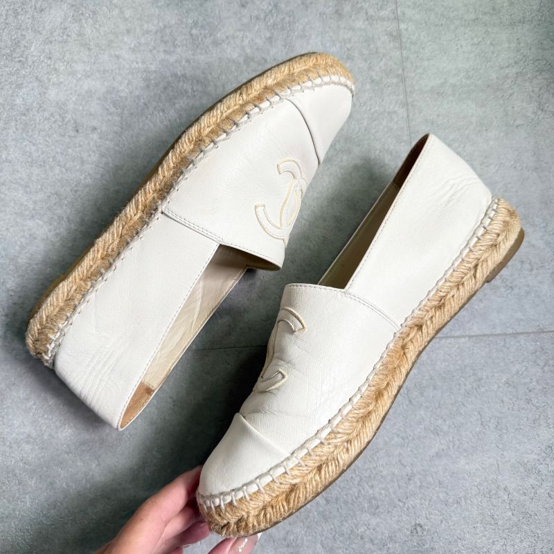 Chanel Espadrille Coco Mark Flat Shoes Leather White 37 24cm (9.45in) Women's