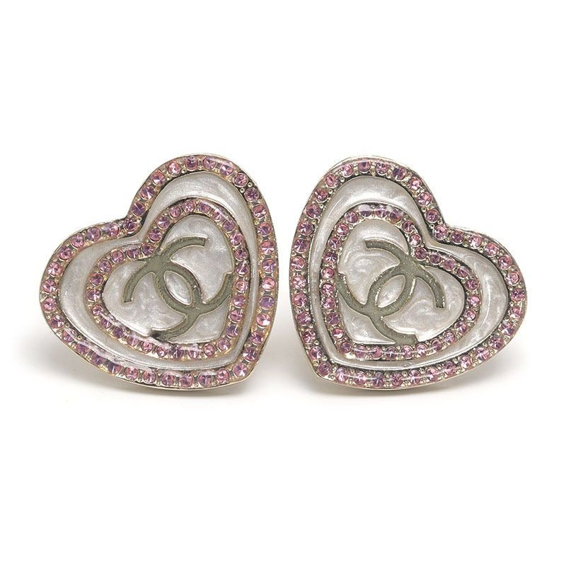 Chanel Heart Earrings CC Logo Rhinestone Gold Pink