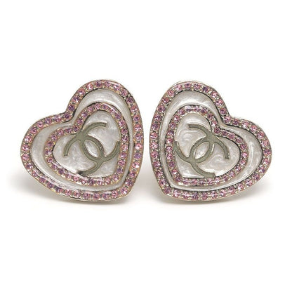 Chanel Heart Earrings CC Logo Rhinestone Gold Pink