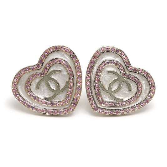 Chanel Heart Earrings CC Logo Rhinestone Gold Pink