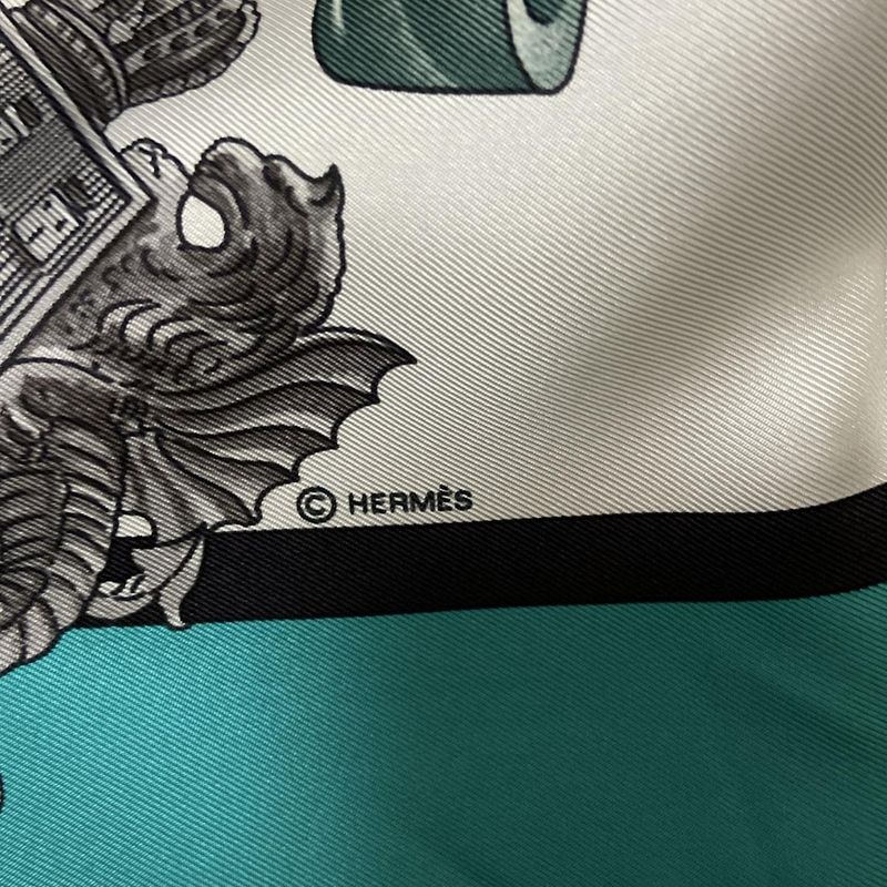 Hermes Scarf Carré 90 White Green And Pink Harnais DE COUR / Harness Silk