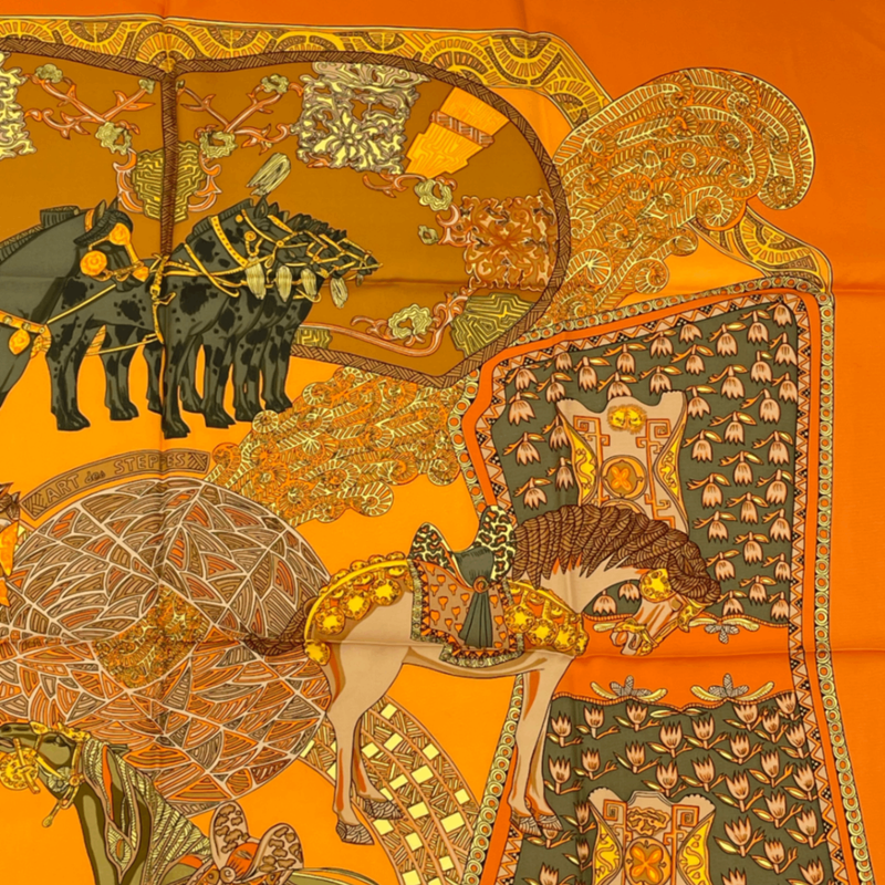 Hermes Carre 90 ART Des Steppes Step Art Horse Scarf Silk Orange