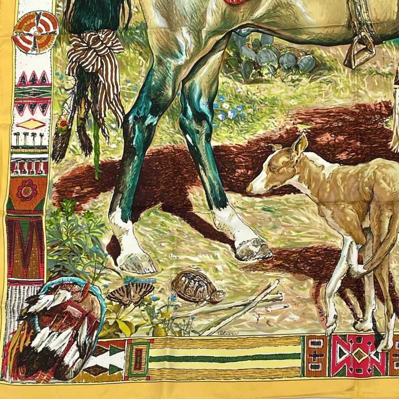 Hermes Les Cheyennes Cheyenne Carre 90 Silk Yellow Multicolor