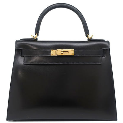 Hermes 2-Way Bag Kelly 28 Outer Stitch Box Calf Black Gold Hardware Black