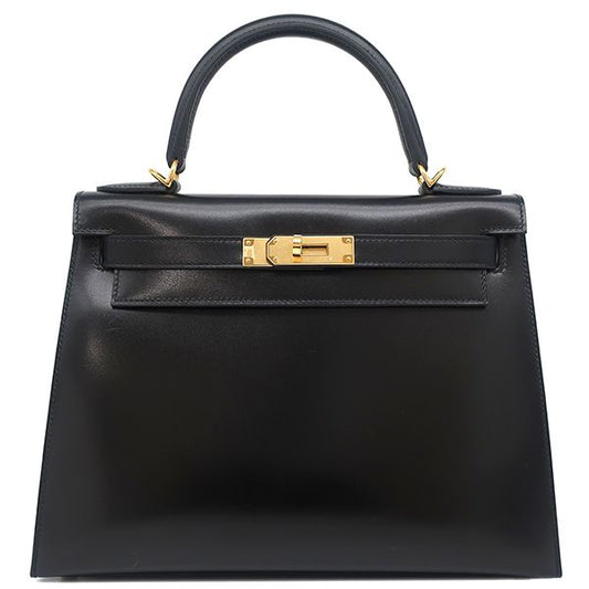 Hermes 2-Way Bag Kelly 28 Outer Stitch Box Calf Black Gold Hardware Black