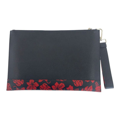 Prada Saffiano Floral Logo Black Red Silver Hardware Leather Clutch Bag Second