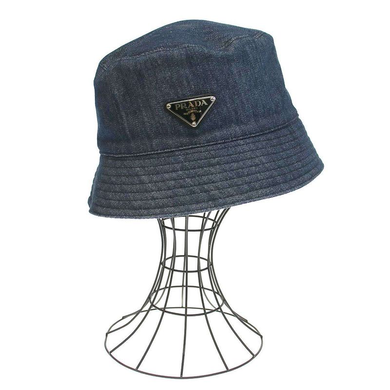 Prada Logo Plate Denim Bucket Hat 2hc137 Aj6 Indigo L
