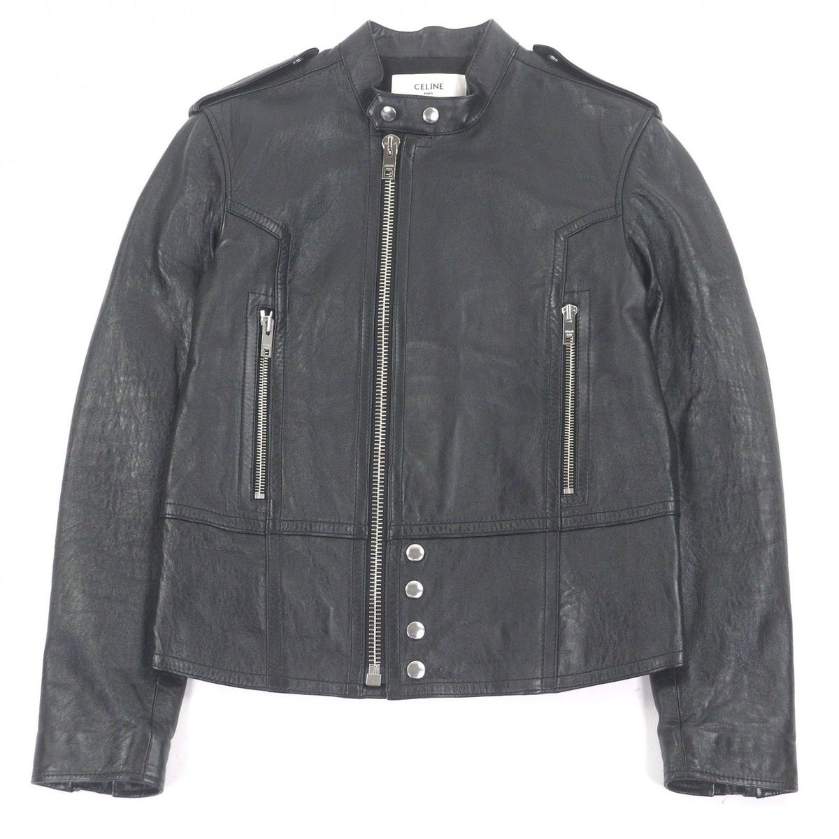 Celine Sheep Leather Cupra Stand Collar Lamb Single Rider Jacket Black 44