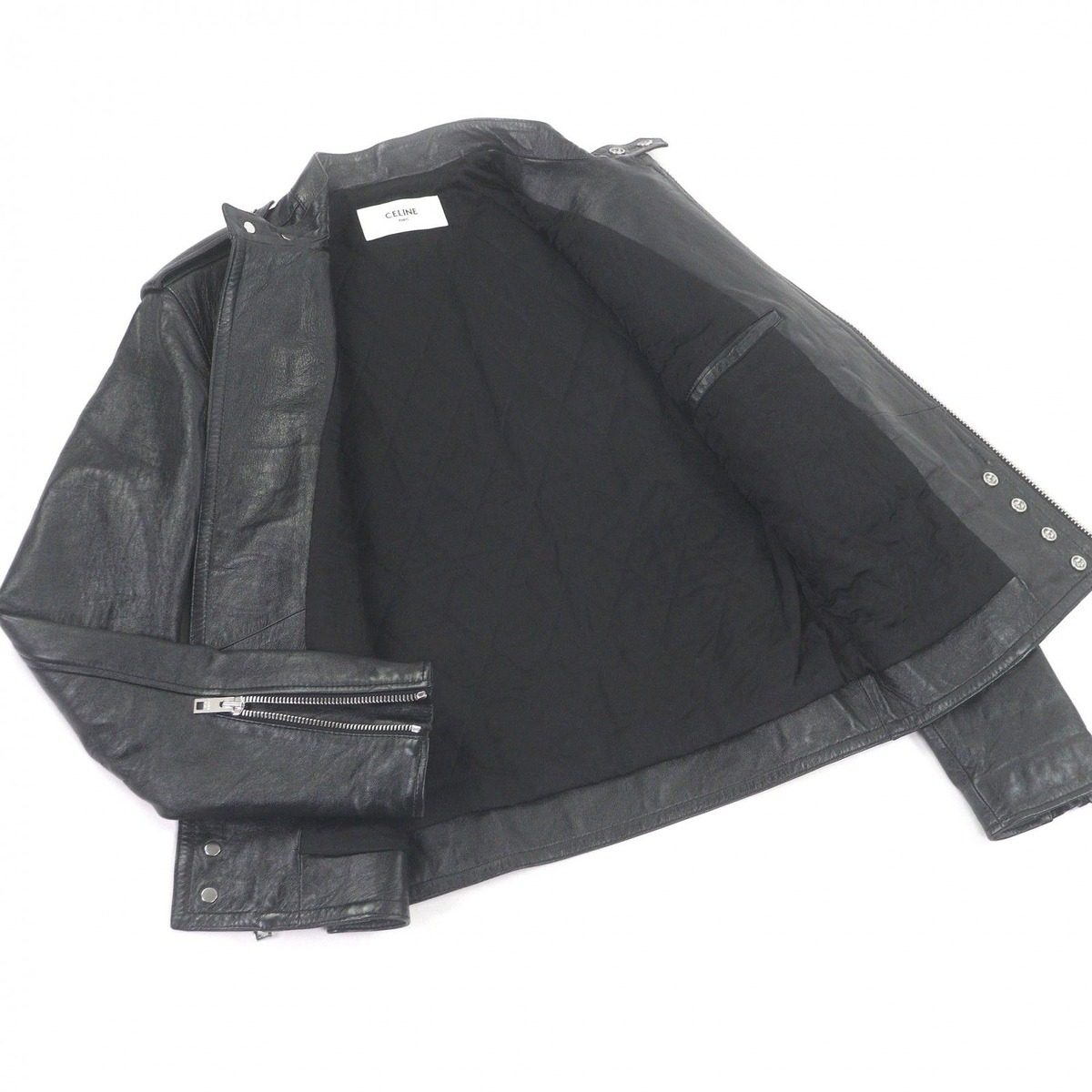 Celine Sheep Leather Cupra Stand Collar Lamb Single Rider Jacket Black 44 — view 3