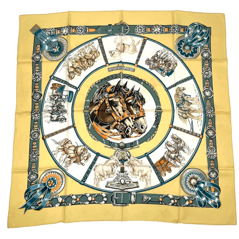 Hermes Carre 90 Chevaux DE Trait Cart Horse Scarf Silk Yellow