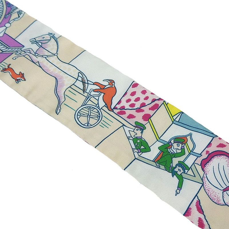 Hermes Twille Scarf 100% Silk Animapolis White Green Pink Multicolor Small