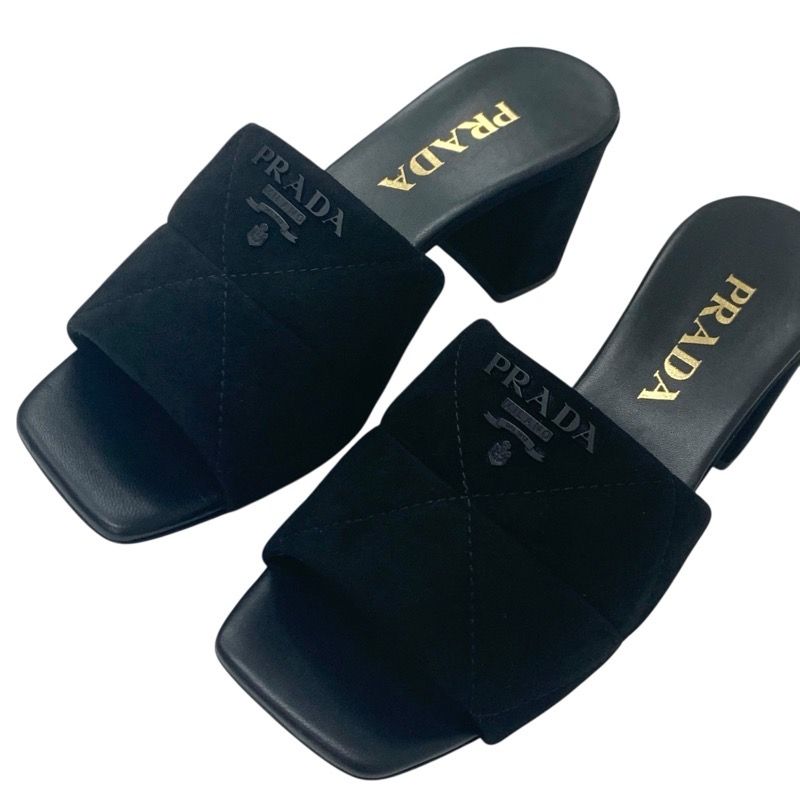 Prada Sandals Shoes Suede Leather Black Unused Logo Velvet Mules