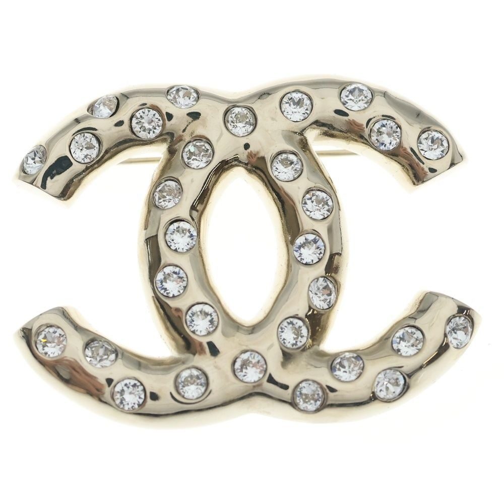 Chanel CC Logo Line Stone Pin Badge Pin Brooch Silver