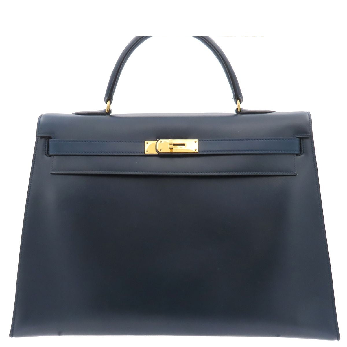Hermes Kelly 35 Navy Gold Box Calf Sellier Handbag
