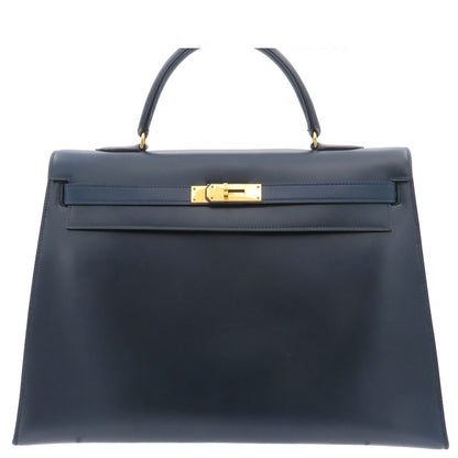 Hermes Kelly 35 Navy Gold Box Calf Sellier Handbag