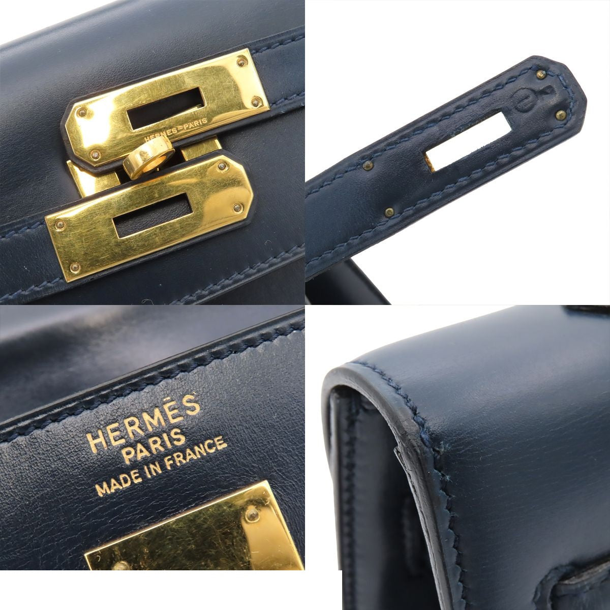 Hermes Kelly 35 Navy Gold Box Calf Sellier Handbag — view 5