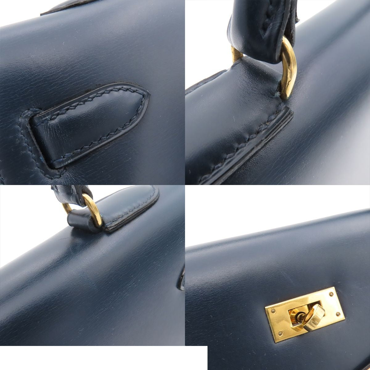 Hermes Kelly 35 Navy Gold Box Calf Sellier Handbag — view 8