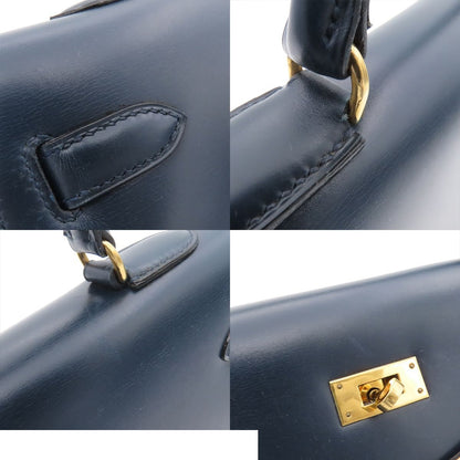 Hermes Kelly 35 Navy Gold Box Calf Sellier Handbag — view 8
