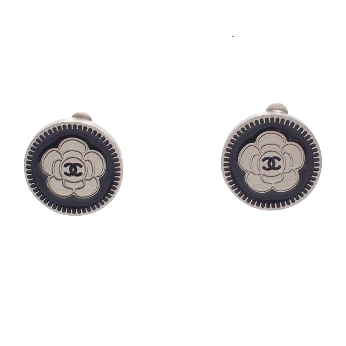 Chanel 06P Earrings Silver Metal Round CC Logo Camellia Costume