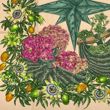 Hermes Carre 90 Passiflores Passion Flower Beige 100% Silk Scarf