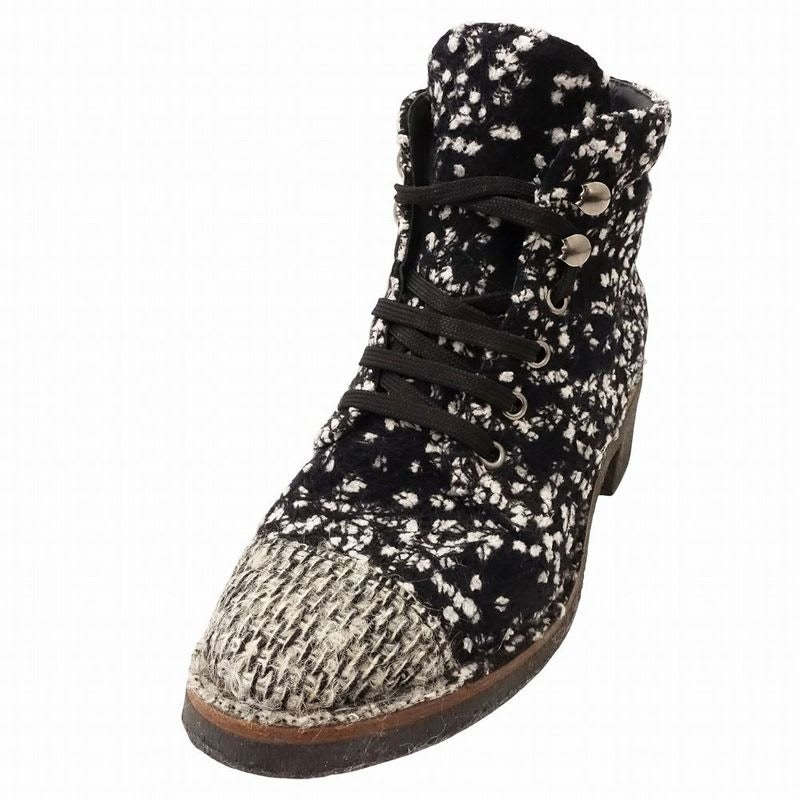 Chanel Tweed Boots Short Coco Mark Lace Up Shoes Size 38
