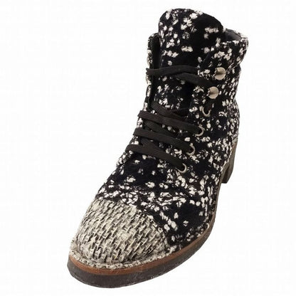 Chanel Tweed Boots Short Coco Mark Lace Up Shoes Size 38