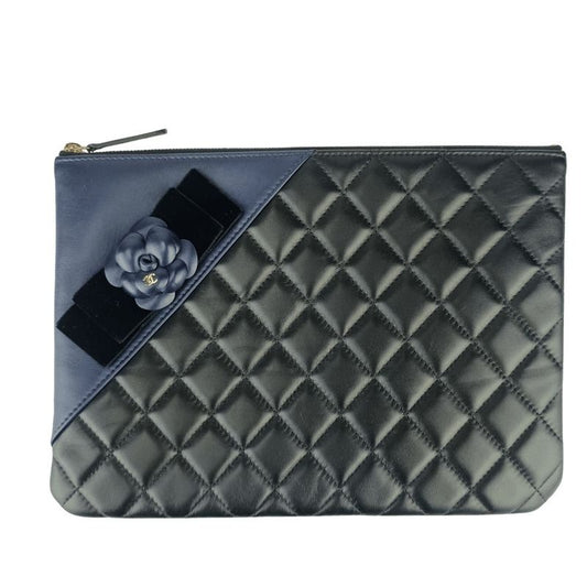 Chanel Second Bag Camellia Pouch 82699 Black Navy Lambskin Velour Coco