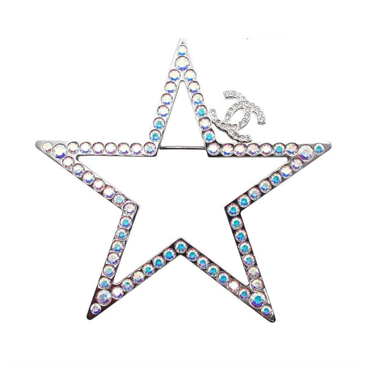 Chanel Brooch Silver Metal CC Logo Star Rhinestone Costume 17k