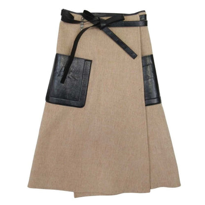 Loro Piana Peter DO Fabric Melton Wrap Skirt Cowhide Trim Long Length 36 Beige