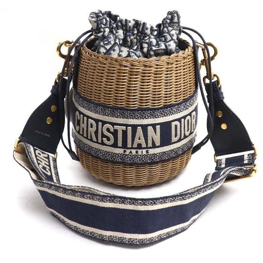 Dior Oblique Wicker Raffia Bucket Shoulder Bag Vo