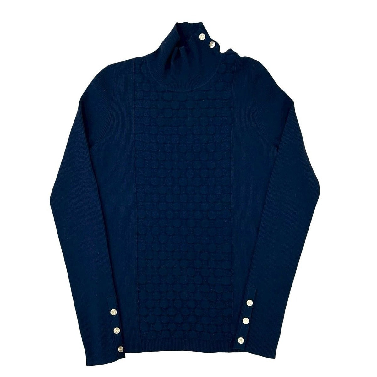Chanel High Neck Gold Button Wool Polyester Knit Sweater Top 38 Navy