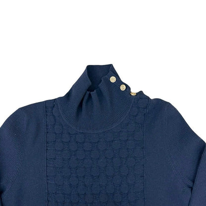 Chanel High Neck Gold Button Wool Polyester Knit Sweater Top 38 Navy — view 3