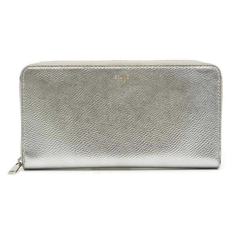 Celine Round Zip Long Wallet Shape Pressed Leather Metallic Silver Round Zipper