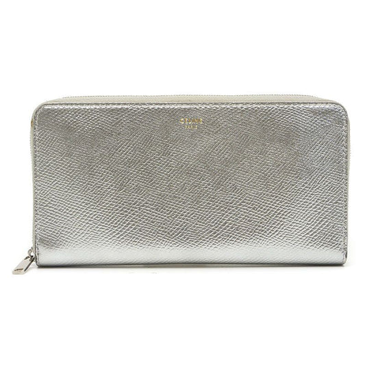Celine Round Zip Long Wallet Shape Pressed Leather Metallic Silver Round Zipper