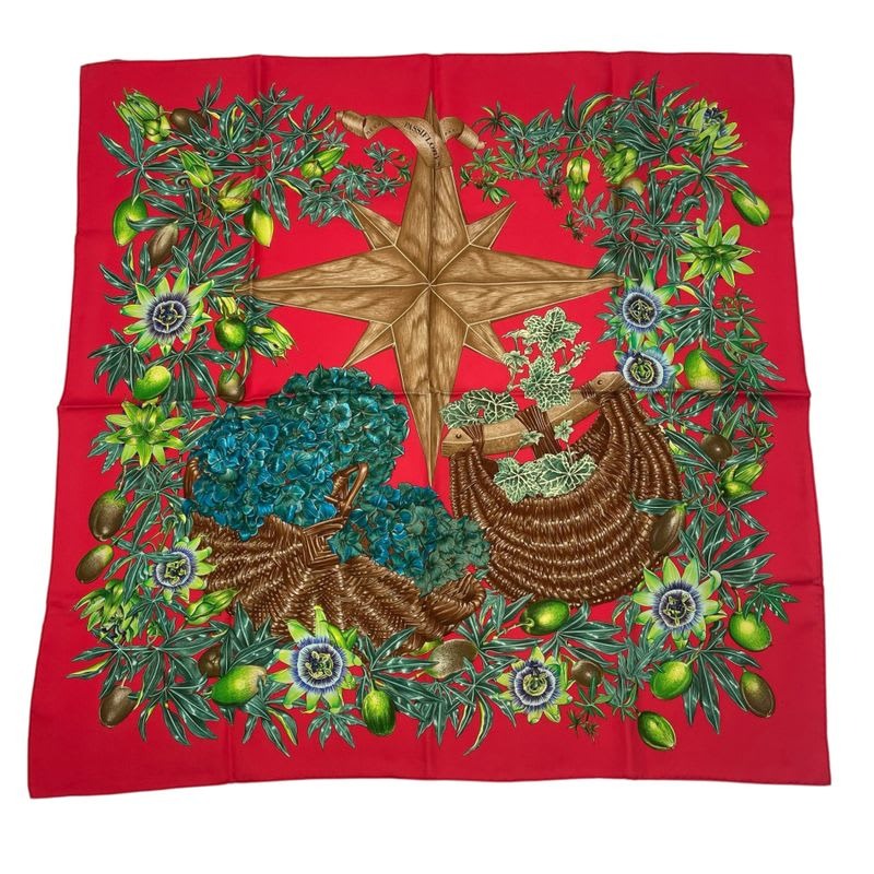 Hermes Scarf Carre 90 P 100% Silk Assiflores Passion Flower Black Red