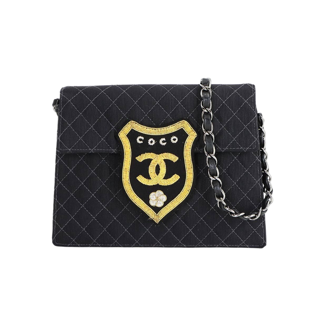 Chanel Quilted Emblem Chain Shoulder Bag Canvas Leather Black Silver