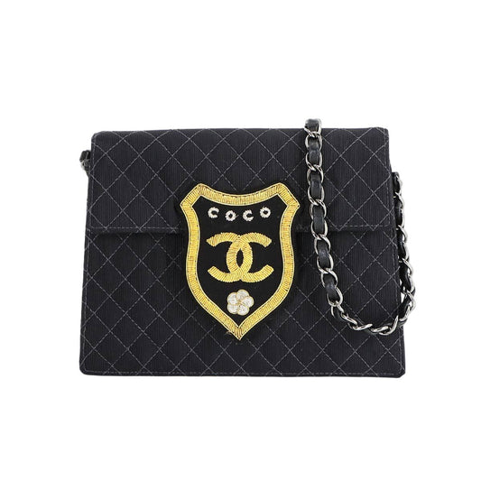 Chanel Quilted Emblem Chain Shoulder Bag Canvas Leather Black Silver