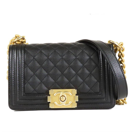Chanel Boy Small Black Gold Caviar Leather Chain Shoulder Bag